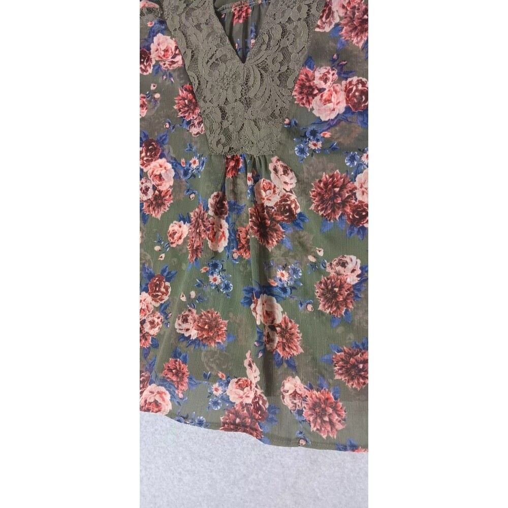 Torrid Chiffon Peasant Lace Inset Long Sleeve Blouse 1 Green Floral Cottagecore - Picture 9 of 13